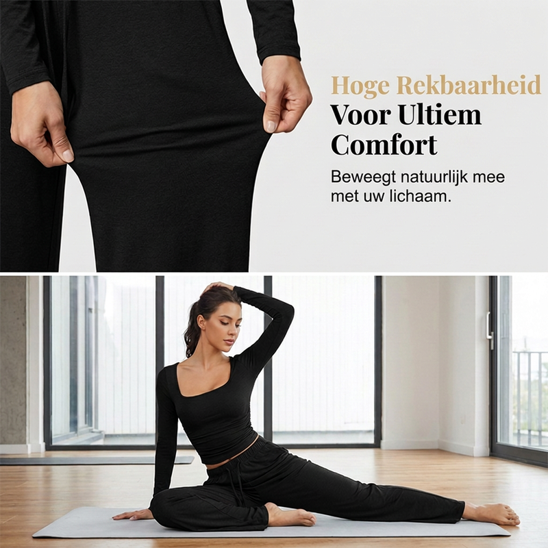 ✨ Dames 2-Delige Set met Vierkante Hals Top & Wijde Pijpen Broek – Elegante Casual Outfit met Comfortabele Pasvorm ✨