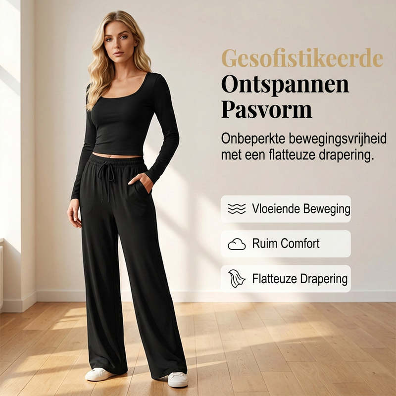 ✨ Dames 2-Delige Set met Vierkante Hals Top & Wijde Pijpen Broek – Elegante Casual Outfit met Comfortabele Pasvorm ✨