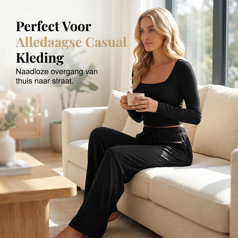 ✨ Dames 2-Delige Set met Vierkante Hals Top & Wijde Pijpen Broek – Elegante Casual Outfit met Comfortabele Pasvorm ✨