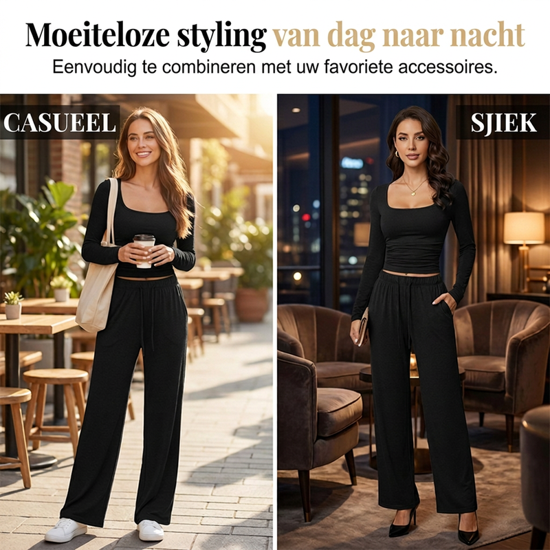 ✨ Dames 2-Delige Set met Vierkante Hals Top & Wijde Pijpen Broek – Elegante Casual Outfit met Comfortabele Pasvorm ✨