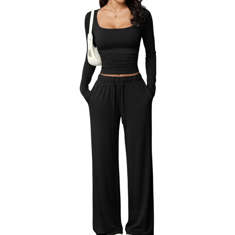 ✨ Dames 2-Delige Set met Vierkante Hals Top & Wijde Pijpen Broek – Elegante Casual Outfit met Comfortabele Pasvorm ✨