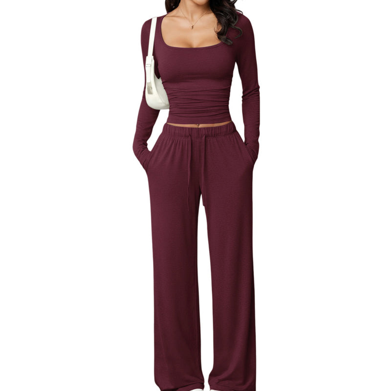 ✨ Dames 2-Delige Set met Vierkante Hals Top & Wijde Pijpen Broek – Elegante Casual Outfit met Comfortabele Pasvorm ✨