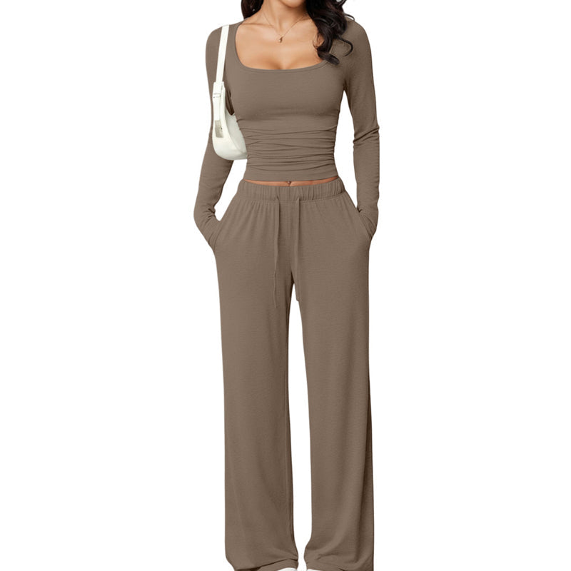 ✨ Dames 2-Delige Set met Vierkante Hals Top & Wijde Pijpen Broek – Elegante Casual Outfit met Comfortabele Pasvorm ✨