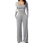 ✨ Dames 2-Delige Set met Vierkante Hals Top & Wijde Pijpen Broek – Elegante Casual Outfit met Comfortabele Pasvorm ✨