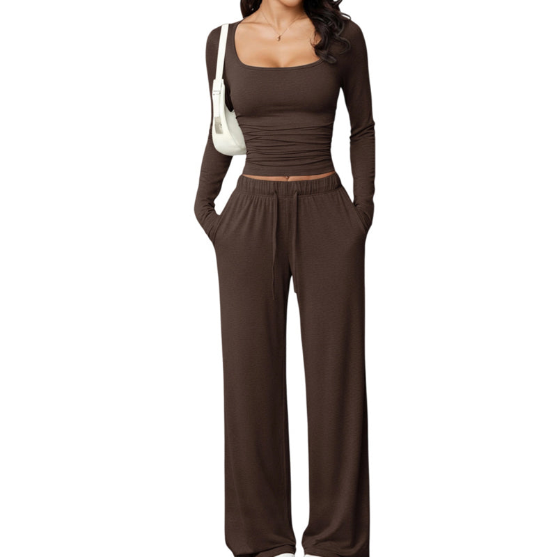 ✨ Dames 2-Delige Set met Vierkante Hals Top & Wijde Pijpen Broek – Elegante Casual Outfit met Comfortabele Pasvorm ✨