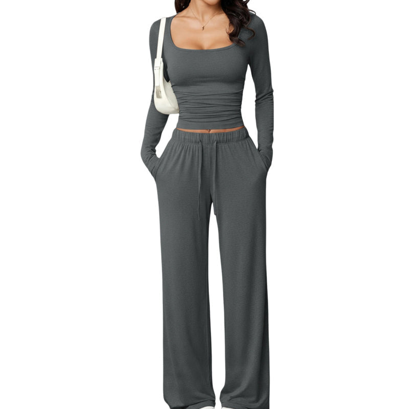 ✨ Dames 2-Delige Set met Vierkante Hals Top & Wijde Pijpen Broek – Elegante Casual Outfit met Comfortabele Pasvorm ✨