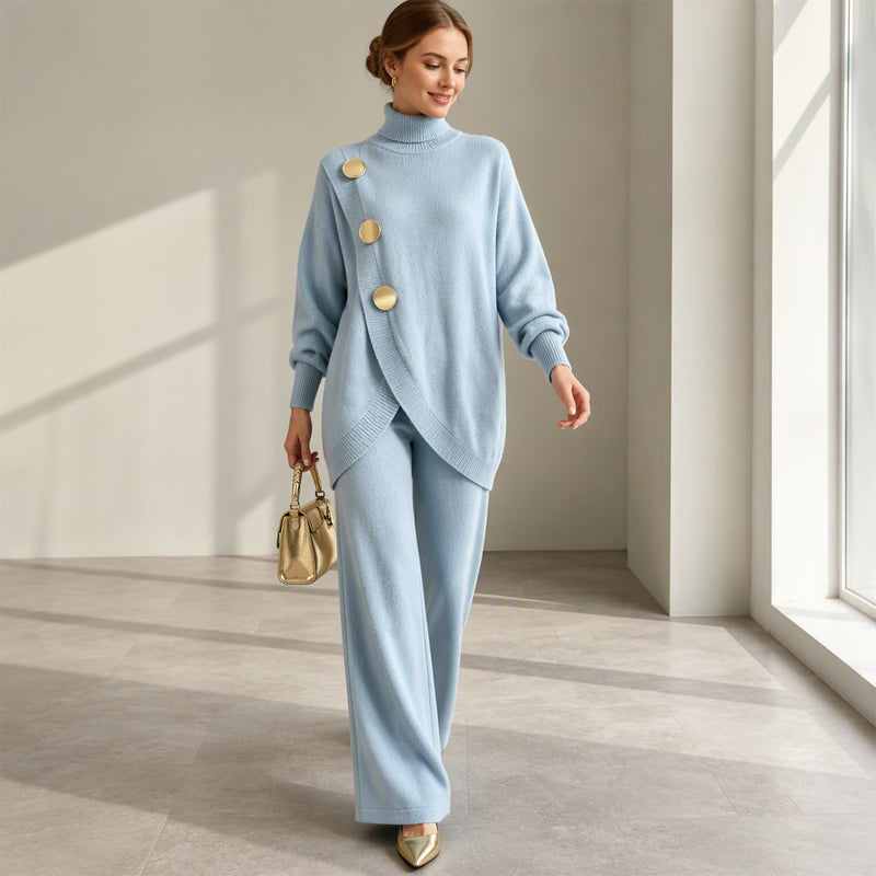 🔥Gratis verzending✈️Elegante Dames Coltrui & Wijde Pijpen Broek Set – Comfortabele Pasvorm & Chique Look