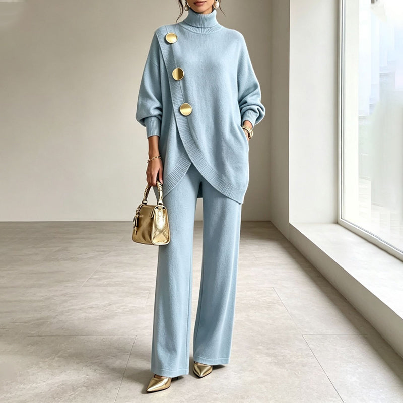 🔥Gratis verzending✈️Elegante Dames Coltrui & Wijde Pijpen Broek Set – Comfortabele Pasvorm & Chique Look