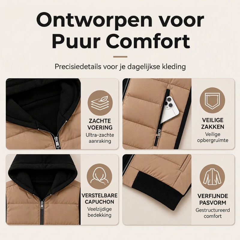 🔥Gratis verzending✈️Damesjas met capuchon, gewatteerd en met colourblock-design