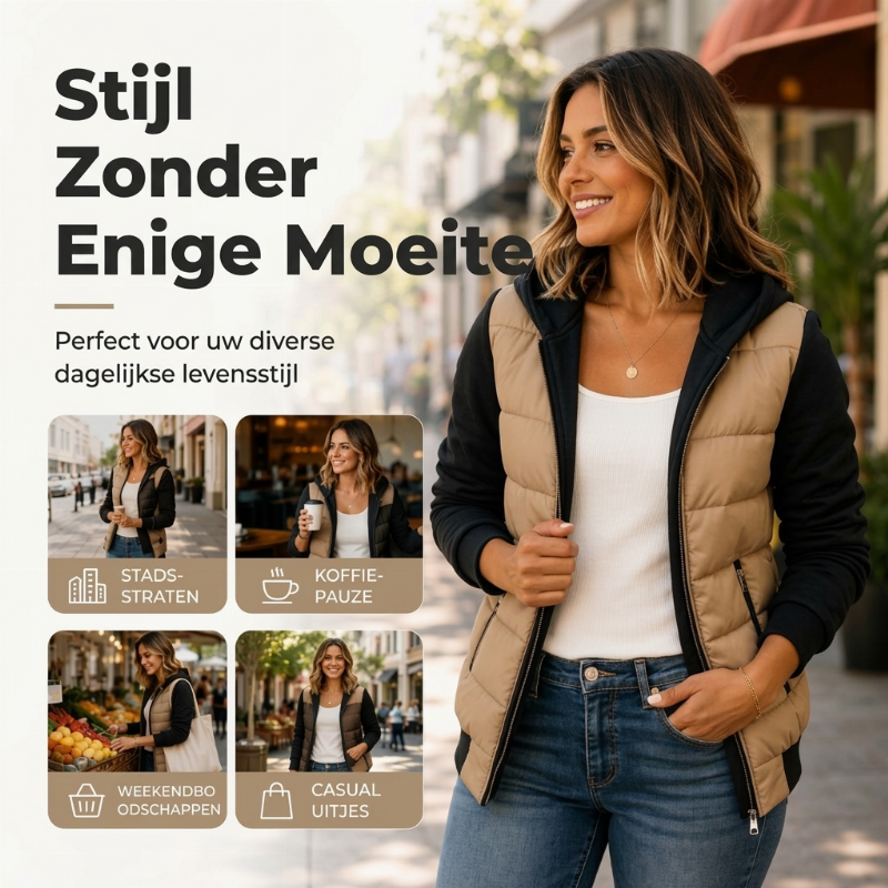 🔥Gratis verzending✈️Damesjas met capuchon, gewatteerd en met colourblock-design