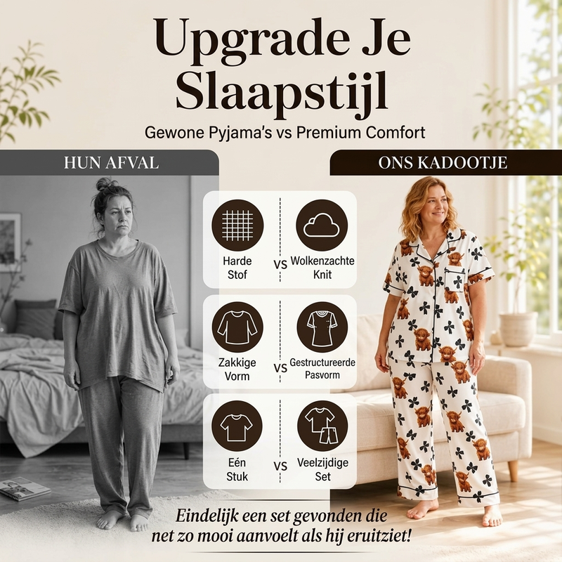 🐮Dames 3-Delige Pyjamaset met Hooglander Koe Print – Zachte Warme Nachtkleding voor Comfortabele Avonden