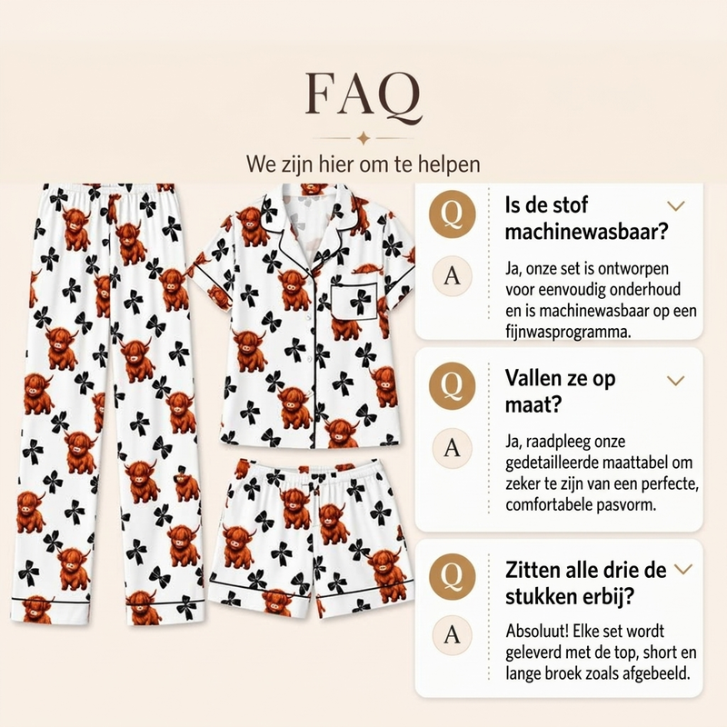 🐮Dames 3-Delige Pyjamaset met Hooglander Koe Print – Zachte Warme Nachtkleding voor Comfortabele Avonden