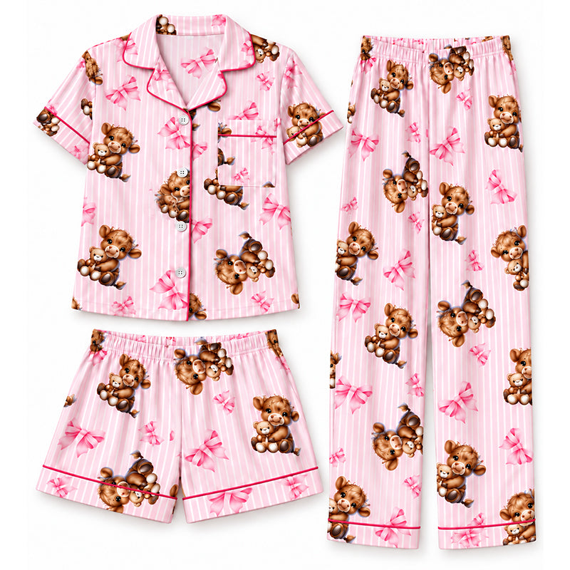 🐮Dames 3-Delige Pyjamaset met Hooglander Koe Print – Zachte Warme Nachtkleding voor Comfortabele Avonden