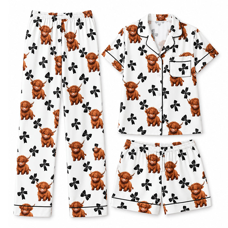 🐮Dames 3-Delige Pyjamaset met Hooglander Koe Print – Zachte Warme Nachtkleding voor Comfortabele Avonden
