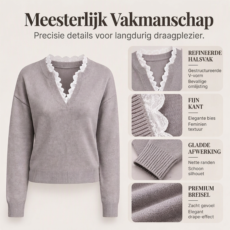 🔥Populair product ！✨Elegante Gebreide Trui met V-Hals en Kanten Detail