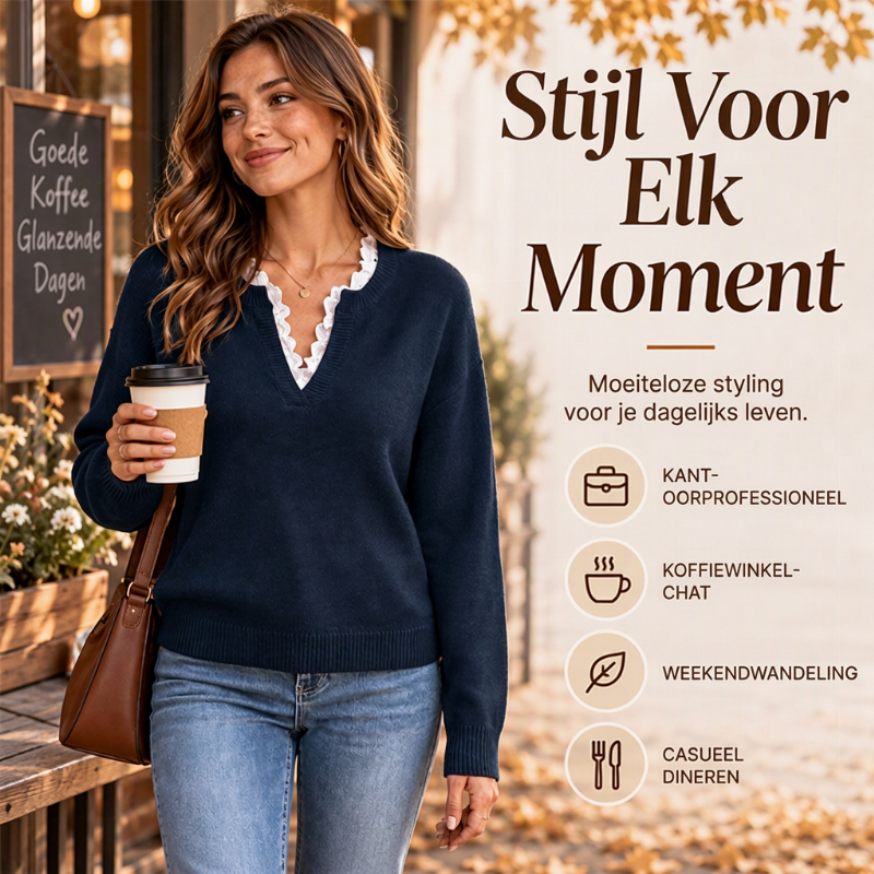 🔥Populair product ！✨Elegante Gebreide Trui met V-Hals en Kanten Detail