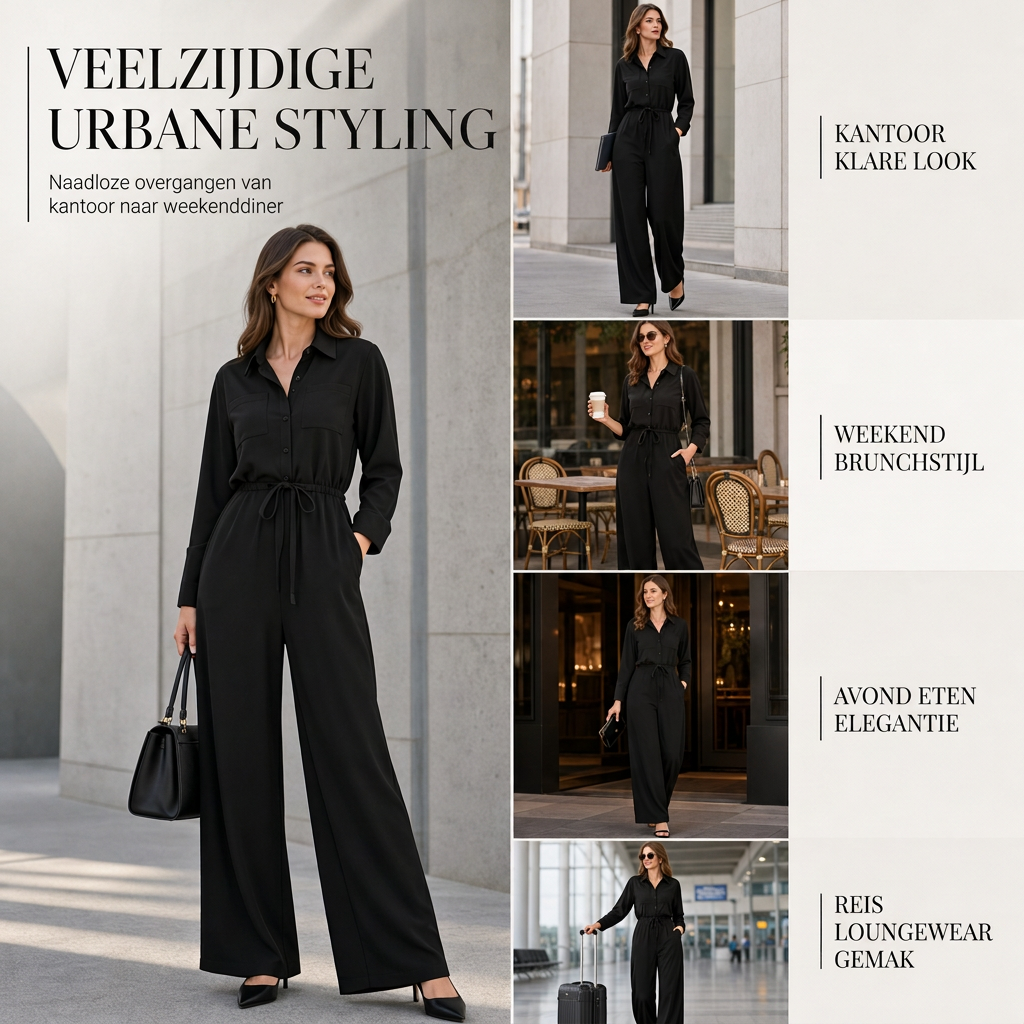✨ Nieuwe Collectie 🤎 Dames Jumpsuit met Reverskraag & Taille Strik – Effen Kleur, Elegante Overhemdstijl en Comfortabele Pasvorm