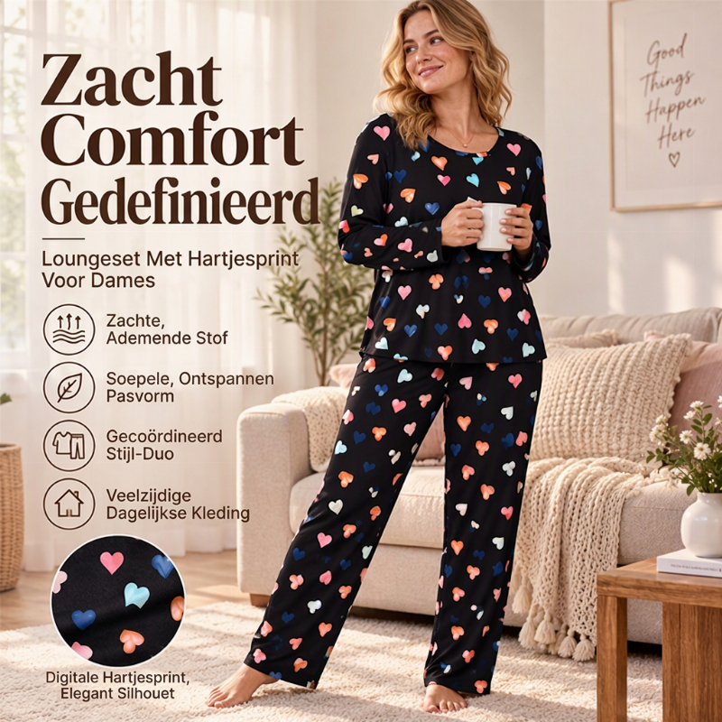 ✨Nieuw! Pyjamas-set voor dames met hartjesmotief en lange mouwen