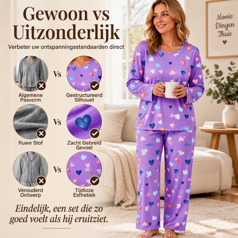 ✨Nieuw! Pyjamas-set voor dames met hartjesmotief en lange mouwen
