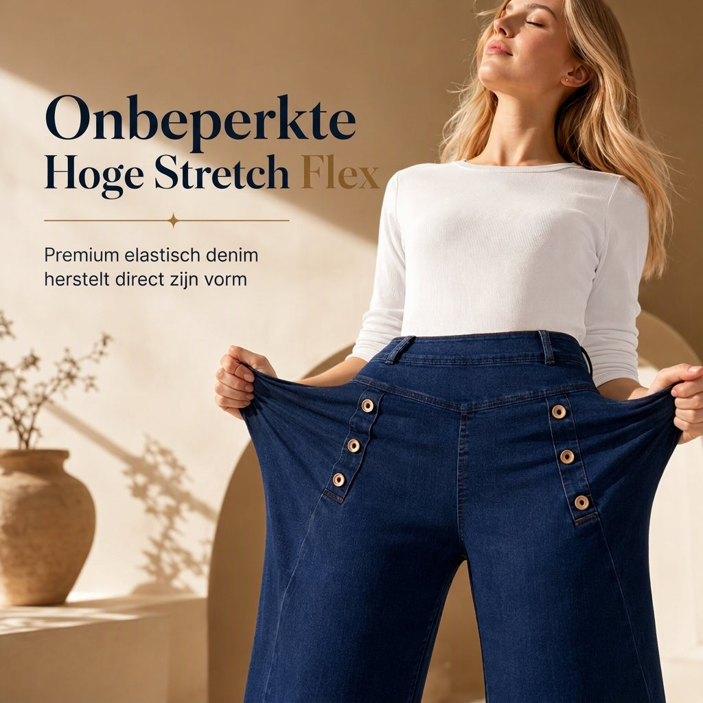 ✨ Denim Must-Have 👖 Damesjeans met Hoge Taille, Wijde Pijpen & Decoratieve Knopen – Stretchcomfort en een Flatterende Look 🤎