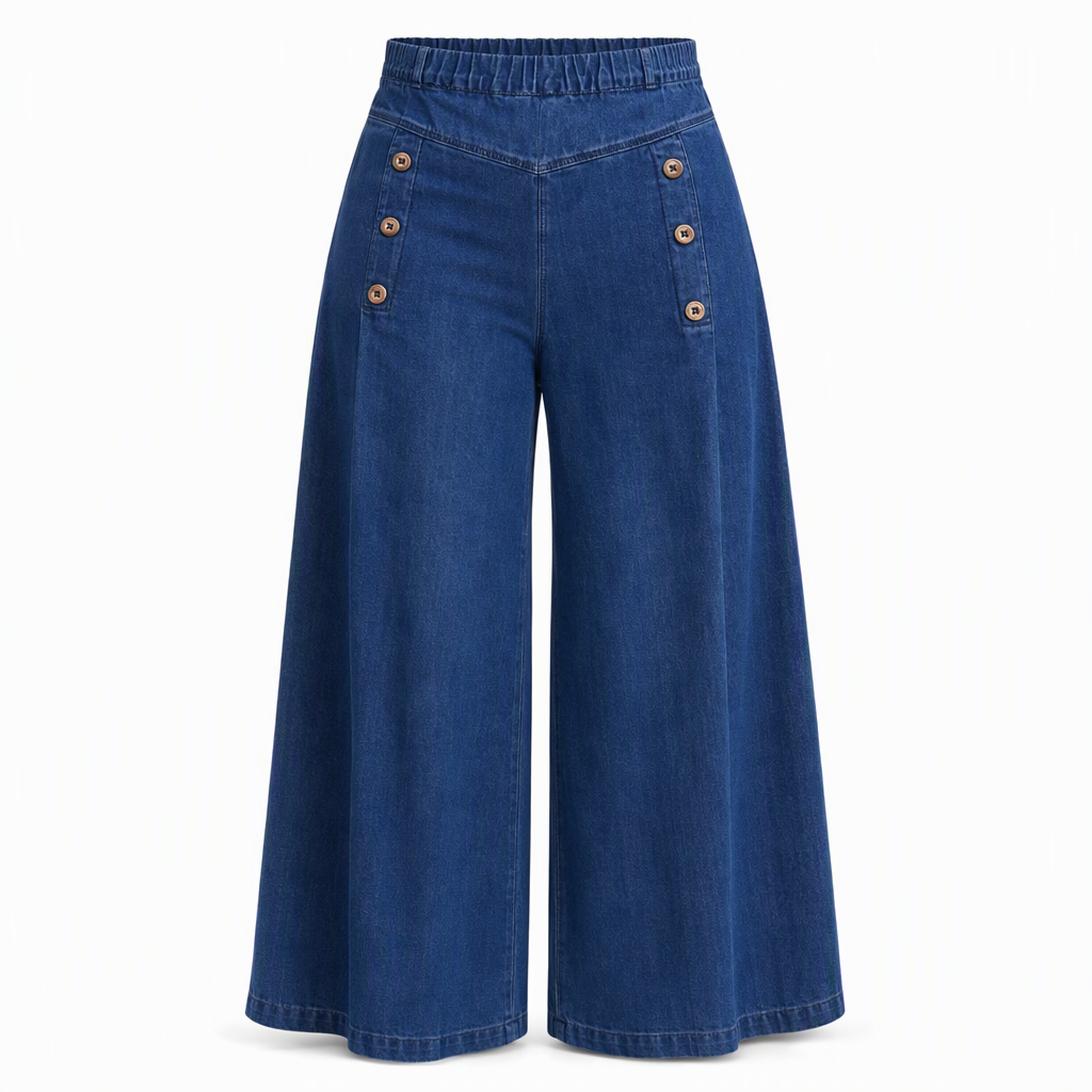✨ Denim Must-Have 👖 Damesjeans met Hoge Taille, Wijde Pijpen & Decoratieve Knopen – Stretchcomfort en een Flatterende Look 🤎