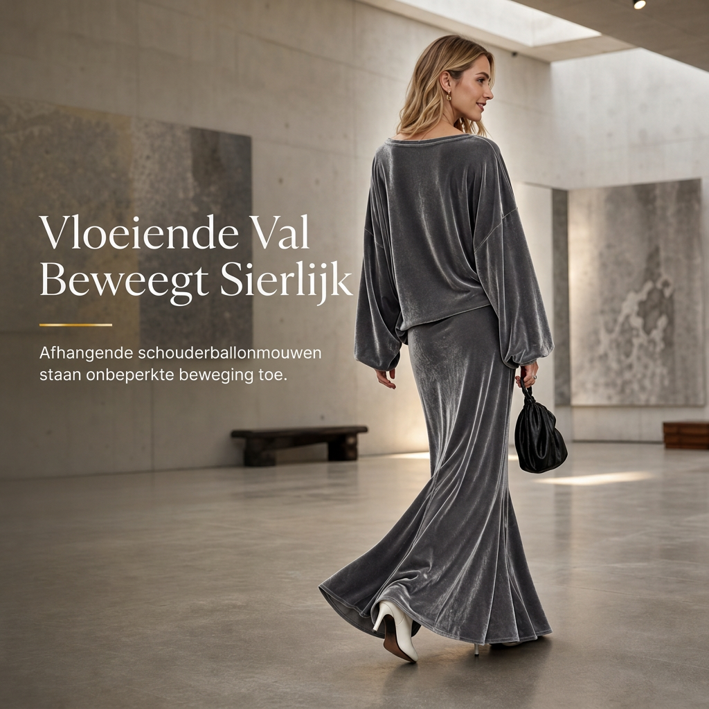 ✨ 50% KORTING 💎 Dames Fluwelen 2-Delige Set met Diepe V-Hals – Losse Sweater & Elegante Uitlopende Maxirok, Zacht en Stijlvol 🍂