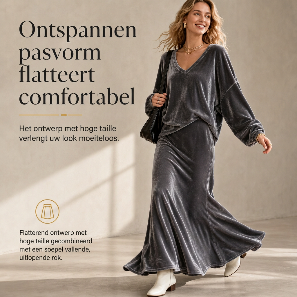 ✨ 50% KORTING 💎 Dames Fluwelen 2-Delige Set met Diepe V-Hals – Losse Sweater & Elegante Uitlopende Maxirok, Zacht en Stijlvol 🍂
