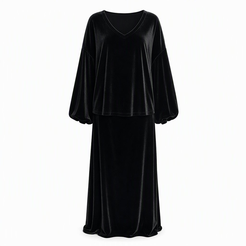 ✨ 50% KORTING 💎 Dames Fluwelen 2-Delige Set met Diepe V-Hals – Losse Sweater & Elegante Uitlopende Maxirok, Zacht en Stijlvol 🍂