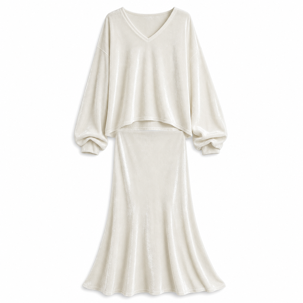 ✨ 50% KORTING 💎 Dames Fluwelen 2-Delige Set met Diepe V-Hals – Losse Sweater & Elegante Uitlopende Maxirok, Zacht en Stijlvol 🍂