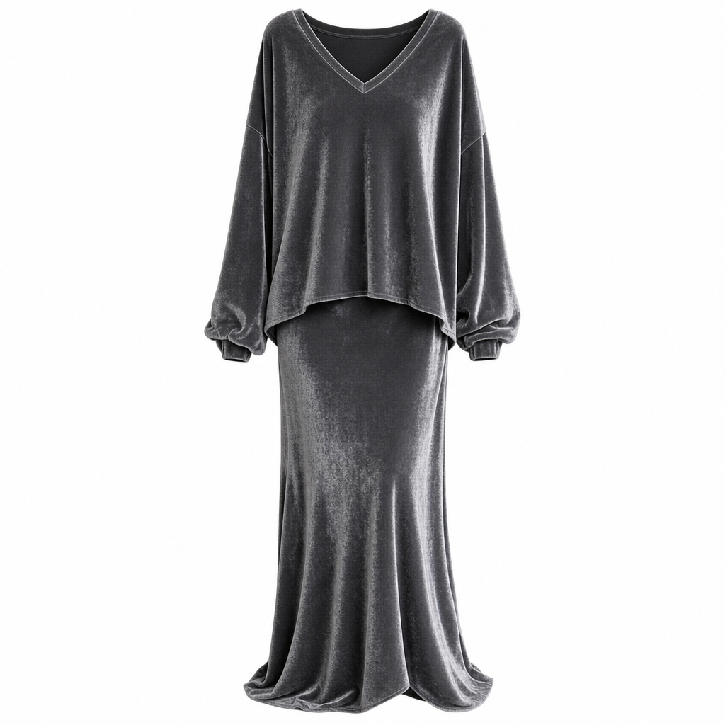 ✨ 50% KORTING 💎 Dames Fluwelen 2-Delige Set met Diepe V-Hals – Losse Sweater & Elegante Uitlopende Maxirok, Zacht en Stijlvol 🍂