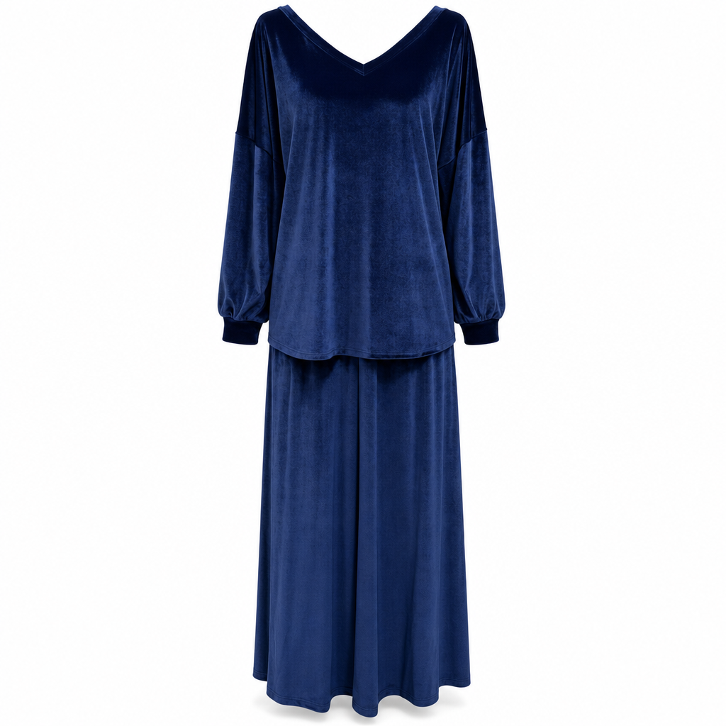 ✨ 50% KORTING 💎 Dames Fluwelen 2-Delige Set met Diepe V-Hals – Losse Sweater & Elegante Uitlopende Maxirok, Zacht en Stijlvol 🍂