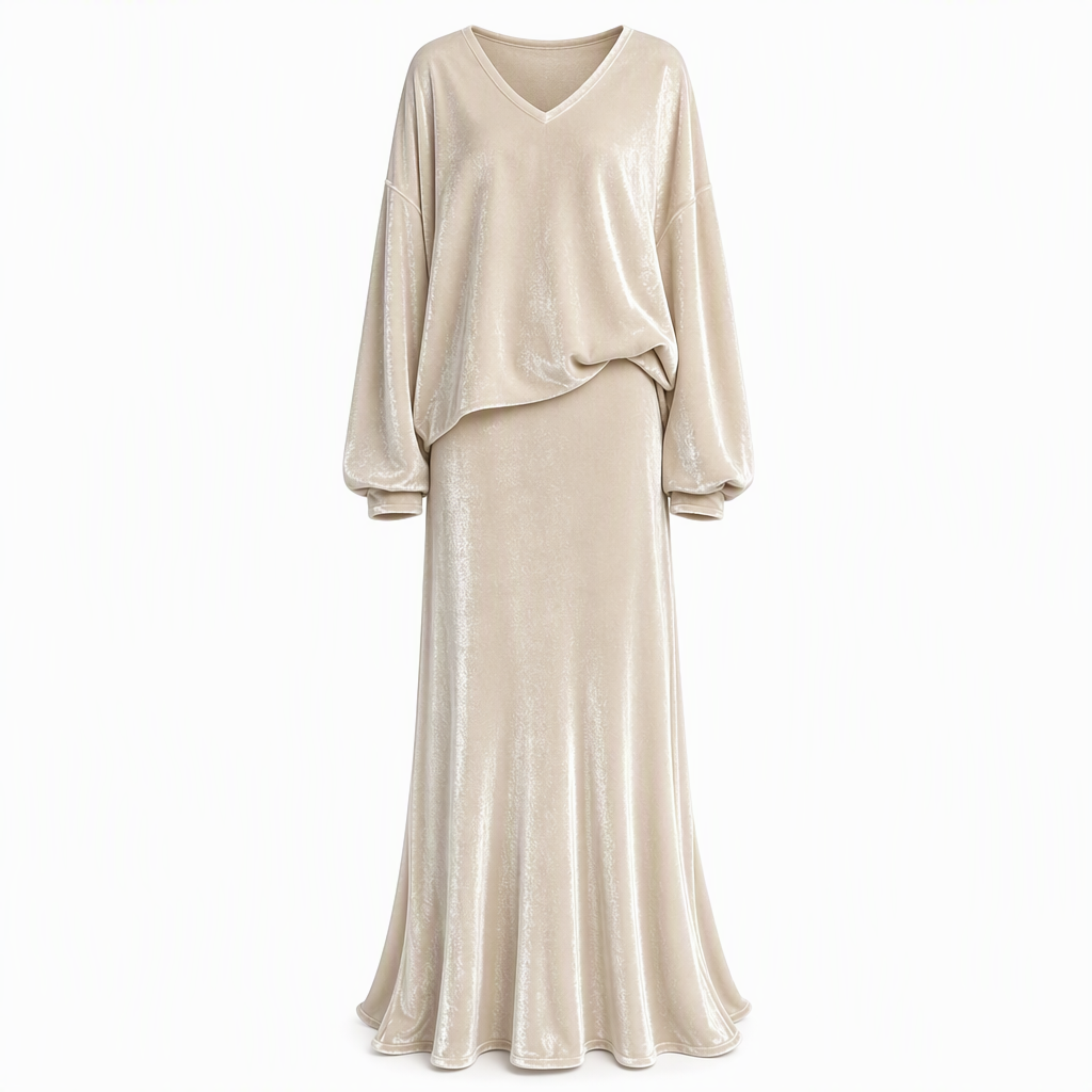 ✨ 50% KORTING 💎 Dames Fluwelen 2-Delige Set met Diepe V-Hals – Losse Sweater & Elegante Uitlopende Maxirok, Zacht en Stijlvol 🍂