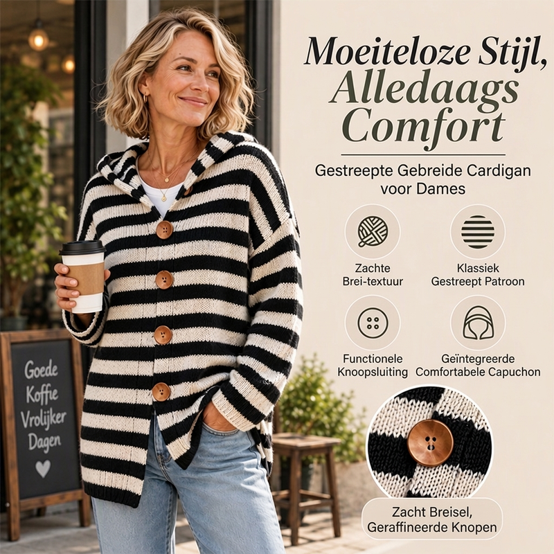 🚀Bespaar nu tijd & geld!😍Gestreepte Gebreide Cardigan met Capuchon en Knoopsluiting