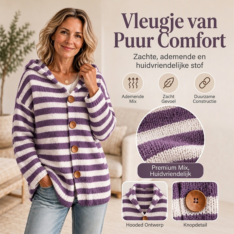 🚀Bespaar nu tijd & geld!😍Gestreepte Gebreide Cardigan met Capuchon en Knoopsluiting