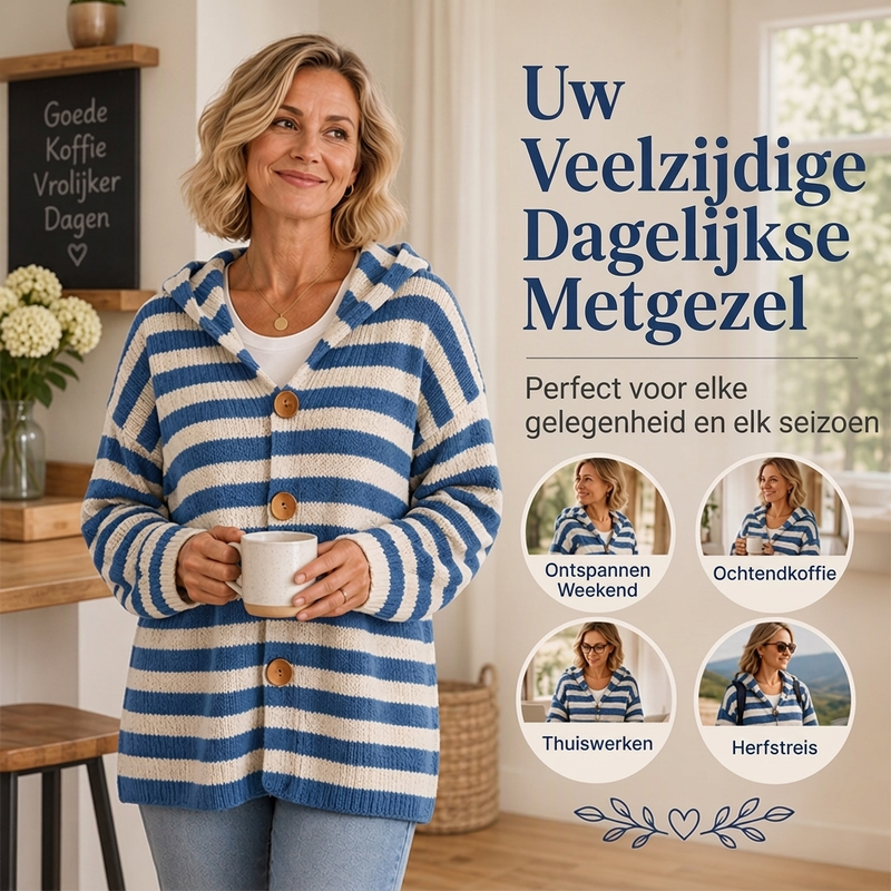 🚀Bespaar nu tijd & geld!😍Gestreepte Gebreide Cardigan met Capuchon en Knoopsluiting