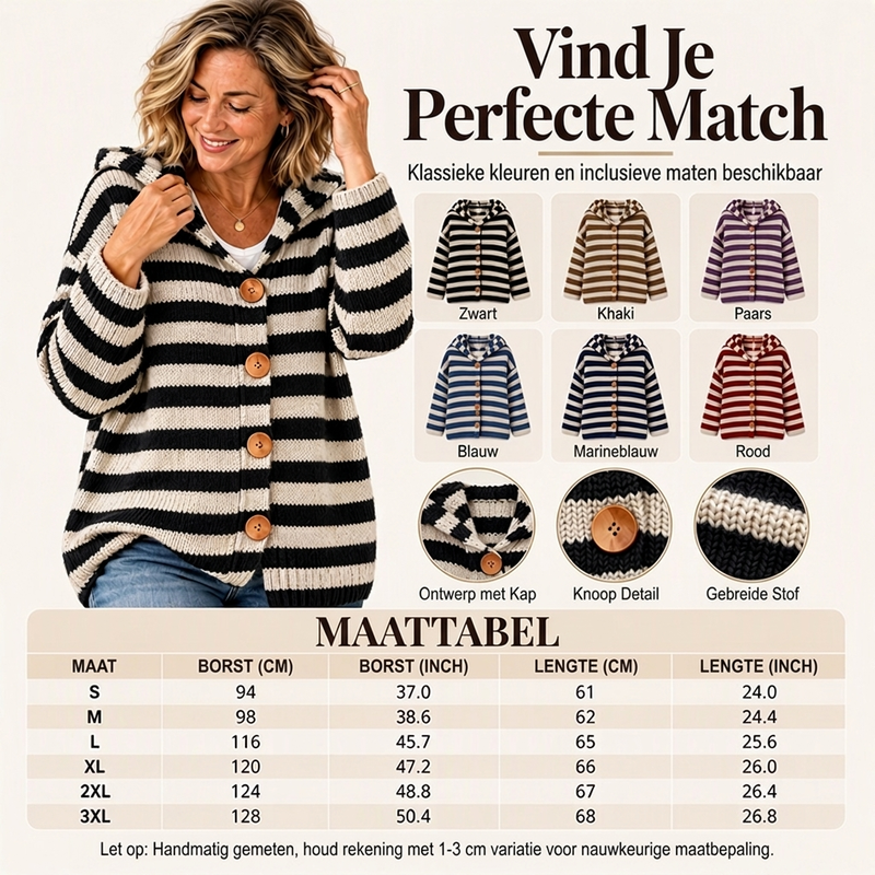 🚀Bespaar nu tijd & geld!😍Gestreepte Gebreide Cardigan met Capuchon en Knoopsluiting