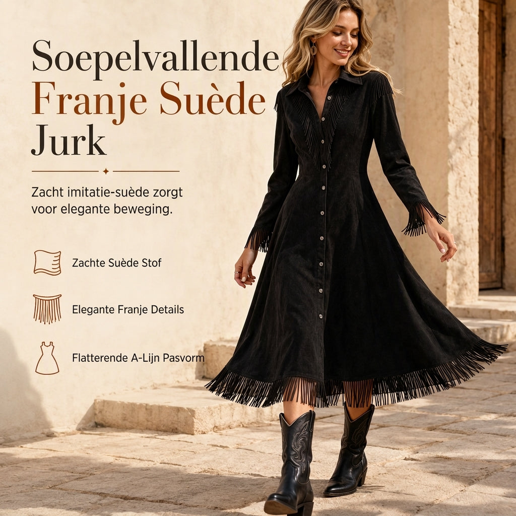 💰 Voor de helft van de prijs! 👗 Vintage damesjurk met lange mouwen en franjes, gemaakt van zacht suède – opstaande kraag, franjes, flatterende taille, perfect voor zowel dagelijks gebruik als feestjes. ✨