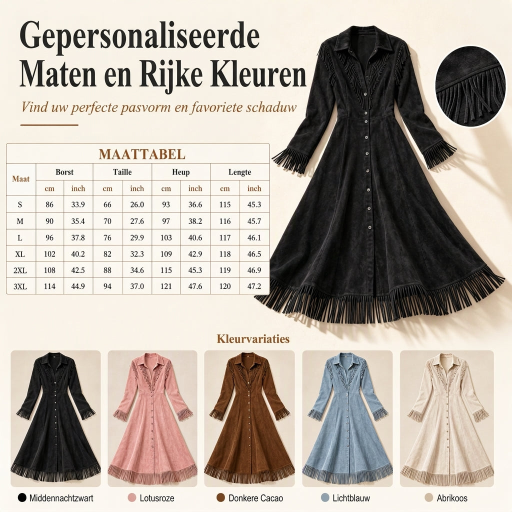 💰 Voor de helft van de prijs! 👗 Vintage damesjurk met lange mouwen en franjes, gemaakt van zacht suède – opstaande kraag, franjes, flatterende taille, perfect voor zowel dagelijks gebruik als feestjes. ✨