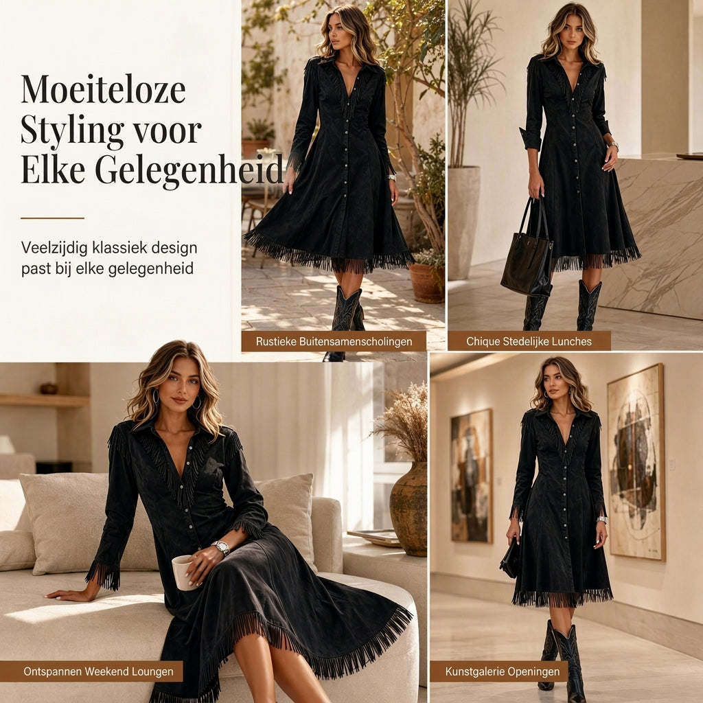 💰 Voor de helft van de prijs! 👗 Vintage damesjurk met lange mouwen en franjes, gemaakt van zacht suède – opstaande kraag, franjes, flatterende taille, perfect voor zowel dagelijks gebruik als feestjes. ✨