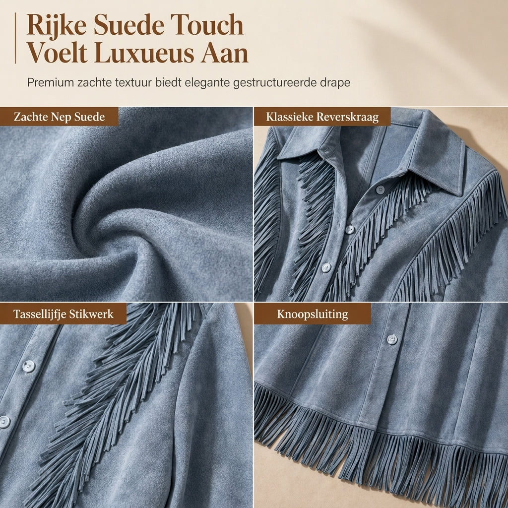 💰 Voor de helft van de prijs! 👗 Vintage damesjurk met lange mouwen en franjes, gemaakt van zacht suède – opstaande kraag, franjes, flatterende taille, perfect voor zowel dagelijks gebruik als feestjes. ✨