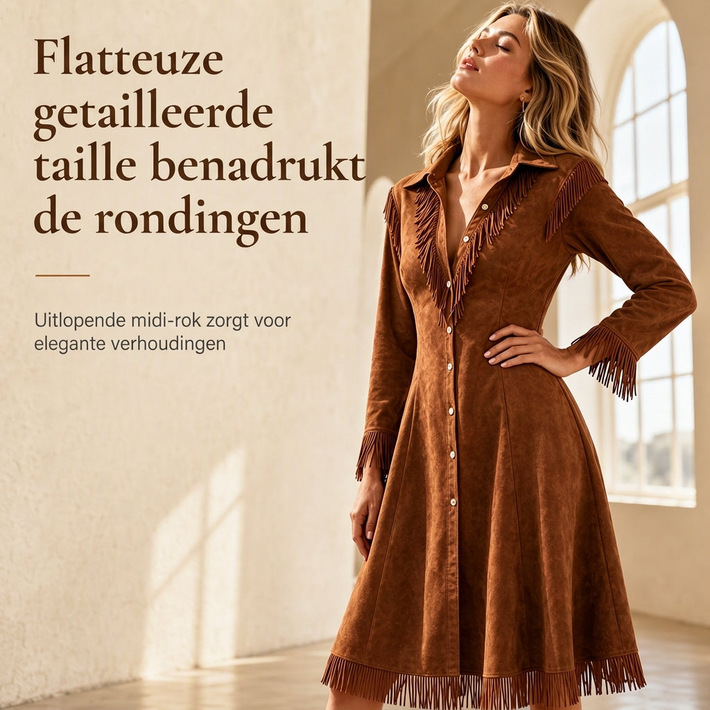 💰 Voor de helft van de prijs! 👗 Vintage damesjurk met lange mouwen en franjes, gemaakt van zacht suède – opstaande kraag, franjes, flatterende taille, perfect voor zowel dagelijks gebruik als feestjes. ✨