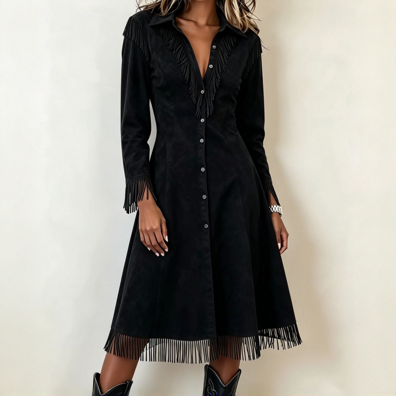 💰 Voor de helft van de prijs! 👗 Vintage damesjurk met lange mouwen en franjes, gemaakt van zacht suède – opstaande kraag, franjes, flatterende taille, perfect voor zowel dagelijks gebruik als feestjes. ✨