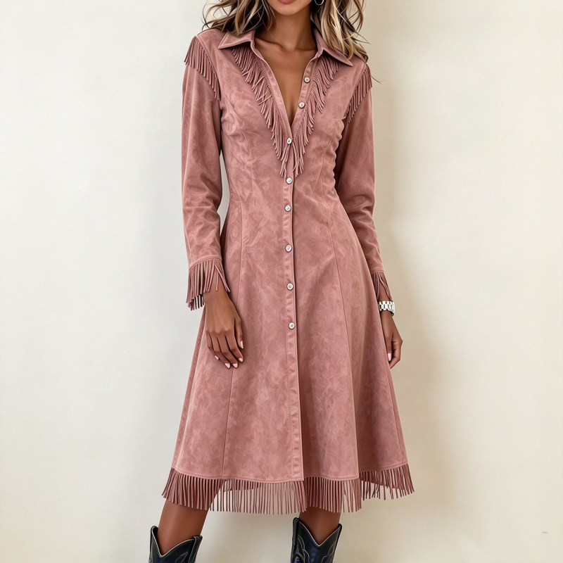 💰 Voor de helft van de prijs! 👗 Vintage damesjurk met lange mouwen en franjes, gemaakt van zacht suède – opstaande kraag, franjes, flatterende taille, perfect voor zowel dagelijks gebruik als feestjes. ✨