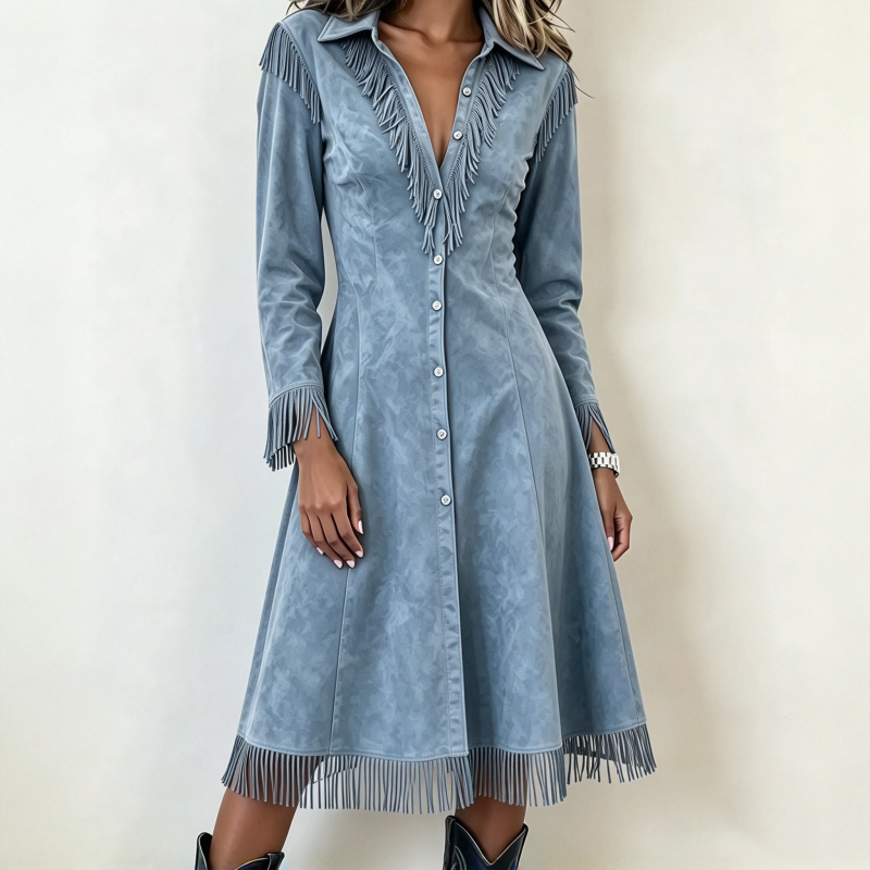 💰 Voor de helft van de prijs! 👗 Vintage damesjurk met lange mouwen en franjes, gemaakt van zacht suède – opstaande kraag, franjes, flatterende taille, perfect voor zowel dagelijks gebruik als feestjes. ✨