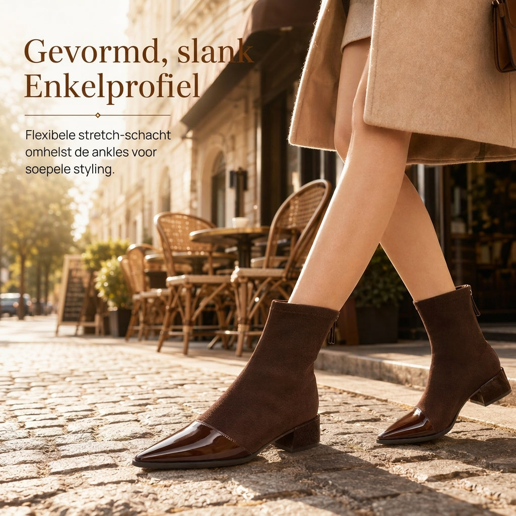🔥Populair product ！✨Elegante Stretch-Suède Enkellaarzen met Puntneus en Blokhak