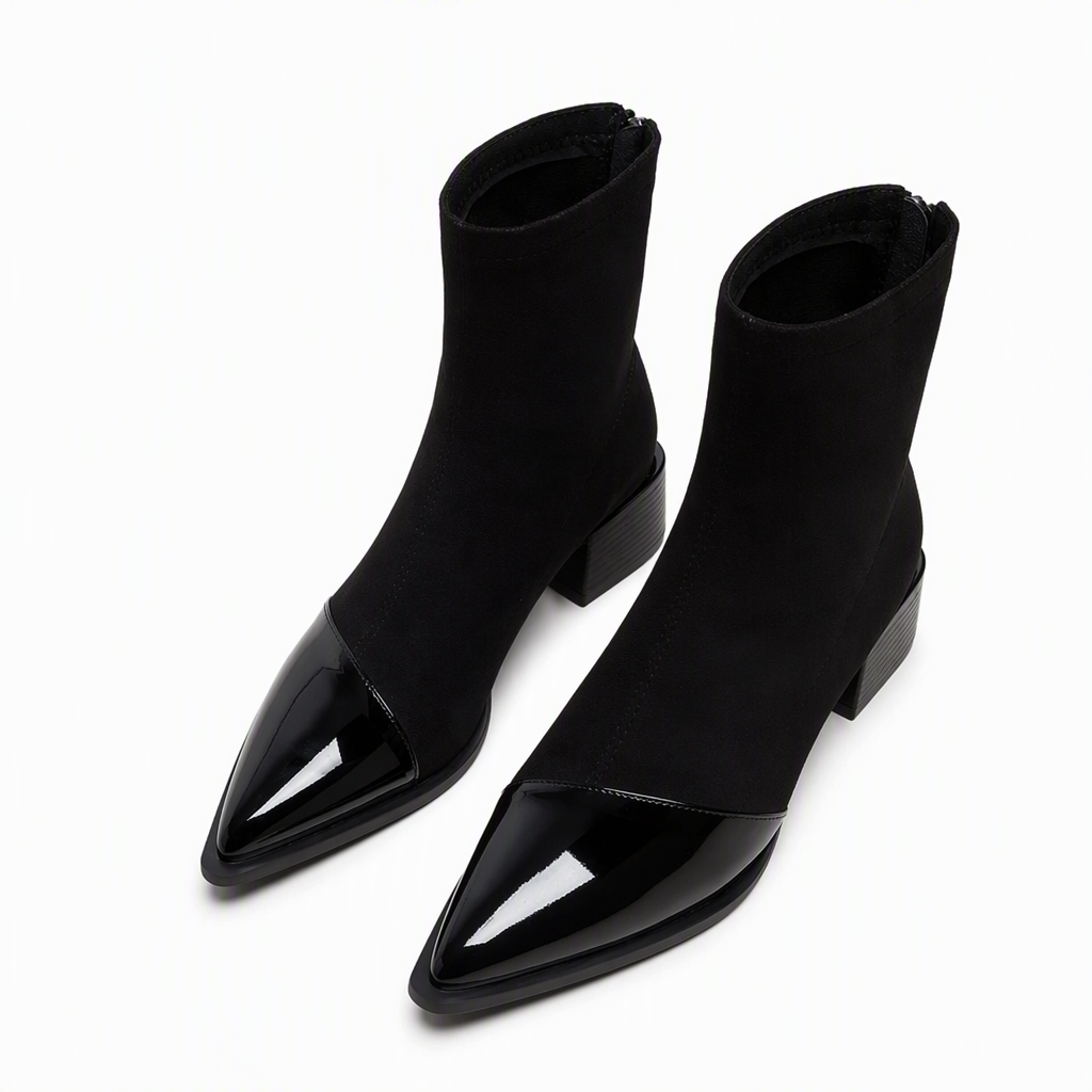 🔥Populair product ！✨Elegante Stretch-Suède Enkellaarzen met Puntneus en Blokhak