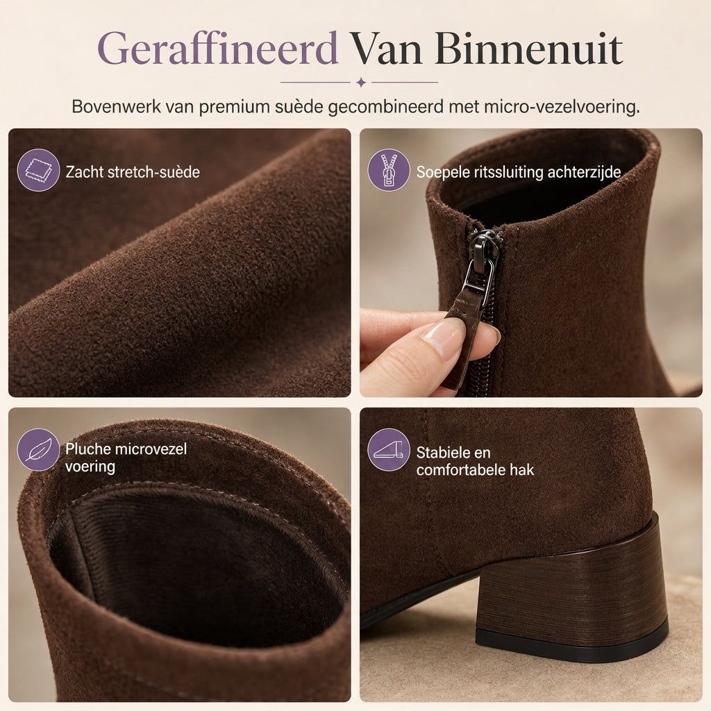 🔥Populair product ！✨Elegante Stretch-Suède Enkellaarzen met Puntneus en Blokhak