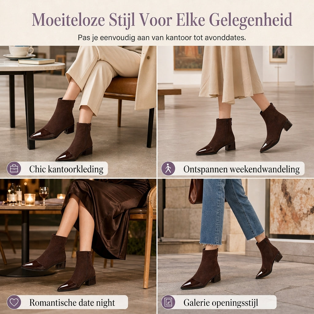 🔥Populair product ！✨Elegante Stretch-Suède Enkellaarzen met Puntneus en Blokhak