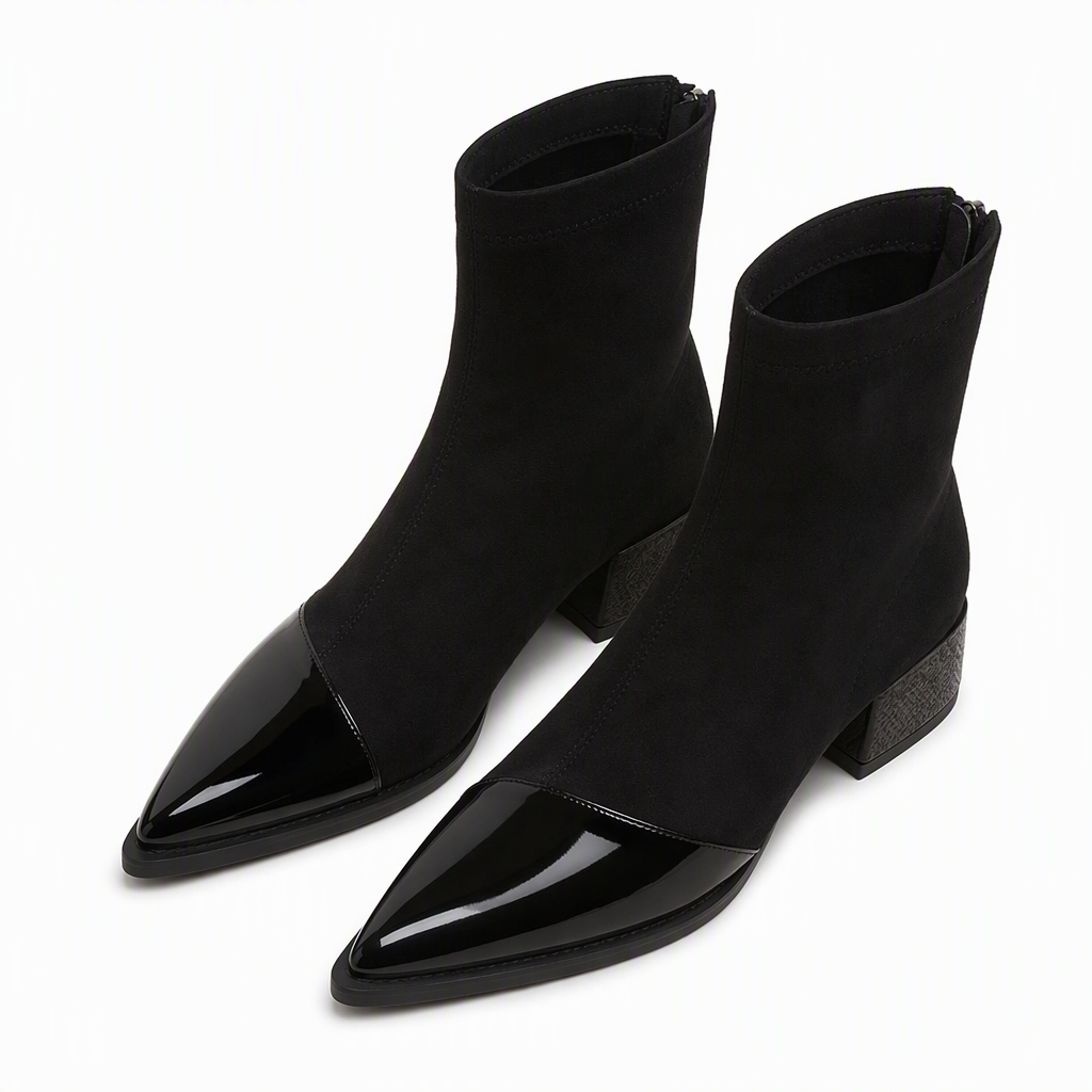 🔥Populair product ！✨Elegante Stretch-Suède Enkellaarzen met Puntneus en Blokhak