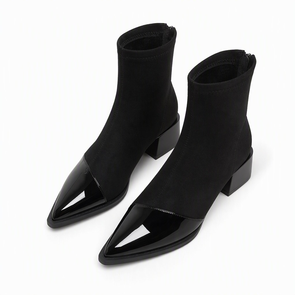 🔥Populair product ！✨Elegante Stretch-Suède Enkellaarzen met Puntneus en Blokhak